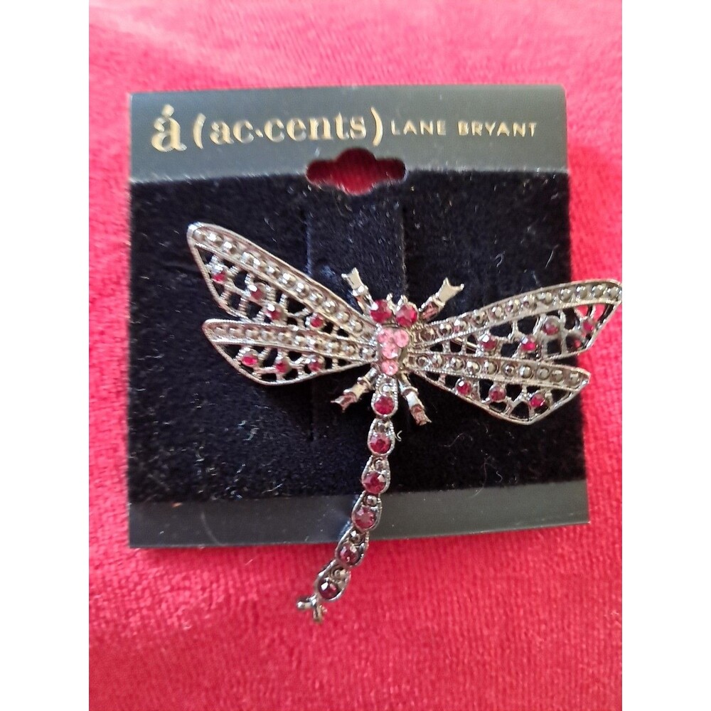Accents By Lane Bryant Dragonfly Pin Antiqye Silver W/Red Stones